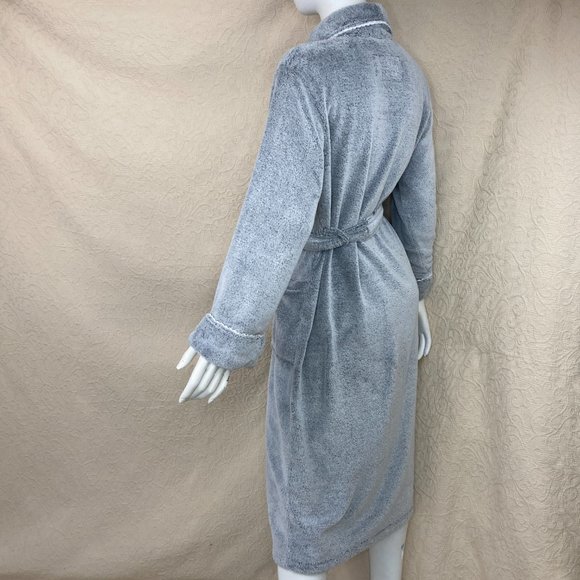 Oscar de la Renta Pink Label Plush Gray Shawl Collar Robe Satin Trim Belt - Picture 6 of 14